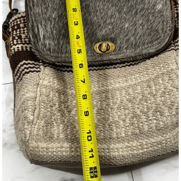 Myra Bag Convertible Crossbody Backpack Cow Hair On Hide Canvas Leather Strap - Picture 12 of 12